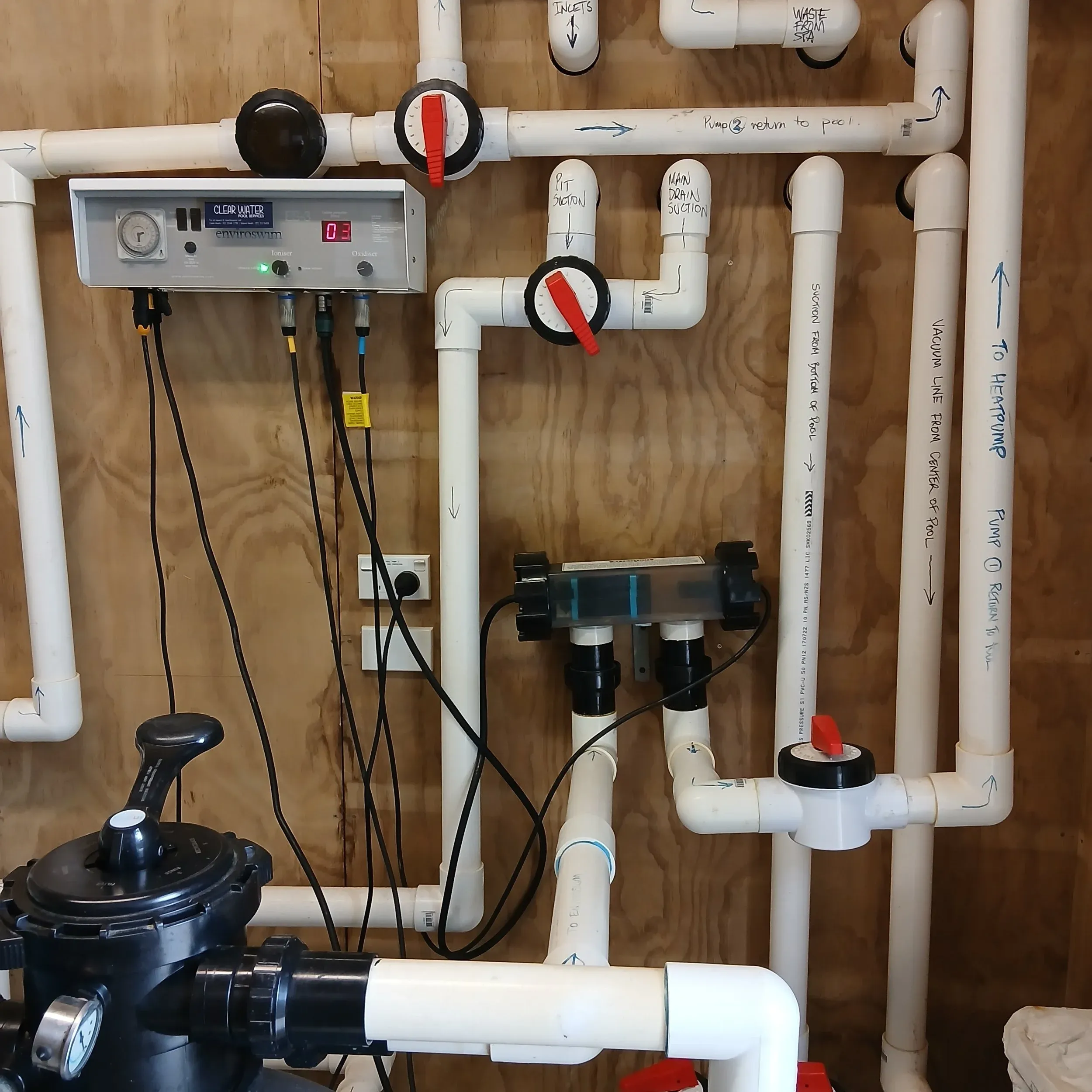 A tidy pool plant room with a chlorinator, valves and white pipework.